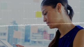 Businesswoman tapping tablet and swiping holographic chart revealing data insights for analytics. Technology, urban, minimalist, innovation, data, digital, professional - Powered by Shutterstock - Get 15% off with code: PIKWIZARD15