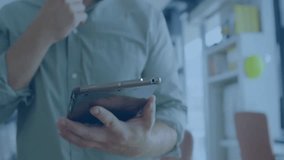 Man tapping tablet screen and generating virtual network with user icons for business networking. Connectivity, digital, innovation, technology, collaboration, workspace, networking - Powered by Shutterstock - Get 15% off with code: PIKWIZARD15