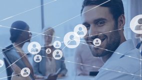 Male tapping tablet touchscreen and visualizing expanding digital network overlay in office meeting. Technology, connectivity, teamwork, data, communication, innovation, professional - Powered by Shutterstock - Get 15% off with code: PIKWIZARD15