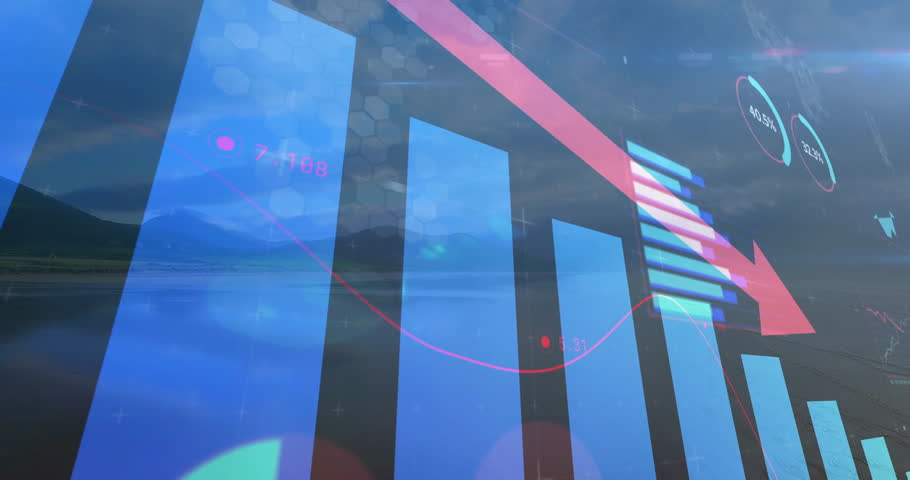 Digital bar chart being animated over mountain lake, triggered by start frame, emphasizing decline. Analysis, data, technology, infographic, visualization, landscape, progress