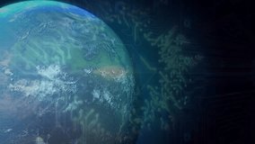 Rotating 3D Earth globe appearing on dark backdrop, code scrolling, padlock forming securing data. Digital, futuristic, immersive, technology, security, virtual, innovation - Powered by Shutterstock - Get 15% off with code: PIKWIZARD15