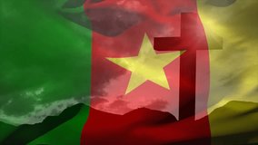 Flag of Cameroon fading in over mountain silhouette, wind-driven rippling revealing star and cross. Patriotism, nationalism, landscape, symbols, heritage, serenity, natural - Powered by Shutterstock - Get 15% off with code: PIKWIZARD15