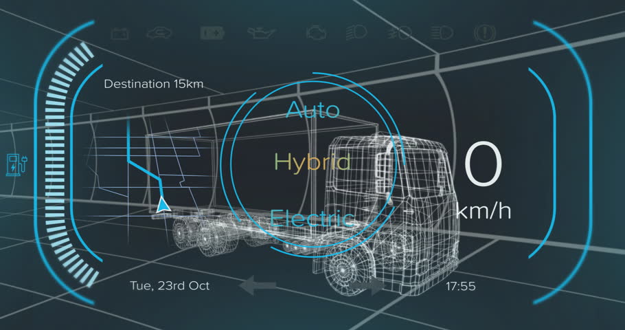 Starting HUD cycling drive modes, showing wireframe truck on 15km map, animating speed gauges. Augmentedreality, automotive, futuristic, data visualization, navigation, telematics, digitalillusion