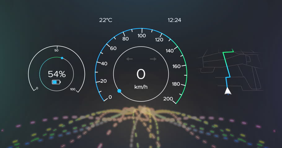 Vehicle accelerating on pedal press to visualize speed change, speedometer needle sweeping upward. Digital dashboard, futuristic, telemetry, transportation, innovation, technology, mobility