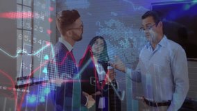 Senior leader pointing at display initiating animated market graphs informing colleagues' decisions. Finance, collaboration, analytics, corporate, data visualization, professional, modern - Powered by Shutterstock - Get 15% off with code: PIKWIZARD15