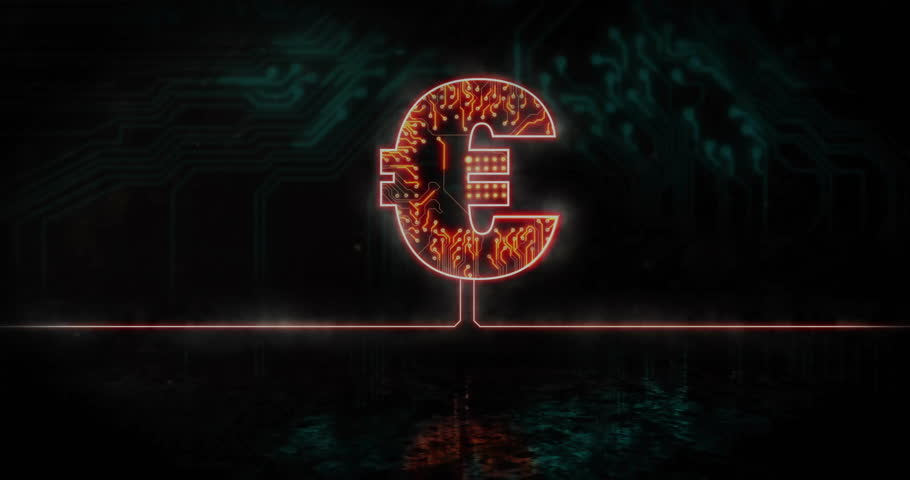 Map loading causing euro symbol fading red line tracing circuits cascading showing digital finance. Technology, finance, digital, futuristic, network, connectivity, visualization