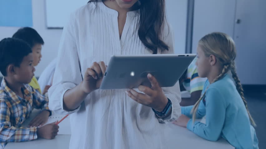 Teacher tapping tablet and building network linking user and cloud icons for digital collaboration. Educator, technology, innovation, connectivity, learning, digital, interactive - Powered by Shutterstock - Get 15% off with code: PIKWIZARD15