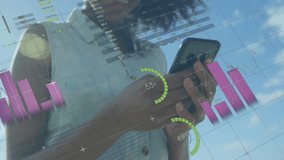 Woman positioning smartphone under clear sky and activating tech data overlays while analyzing data. Technology, analytics, data visualization, mobility, innovation, futurism, digital - Powered by Shutterstock - Get 15% off with code: PIKWIZARD15