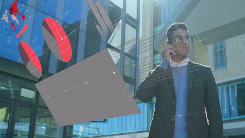 Business manager starting smartphone call monitoring animated red charts and gray grid metrics. Technology, innovation, data visualization, digital interface, corporate, futuristic, analytics - Powered by Shutterstock - Get 15% off with code: PIKWIZARD15