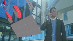 Business manager starting smartphone call monitoring animated red charts and gray grid metrics. Technology, innovation, data visualization, digital interface, corporate, futuristic, analytics - Powered by Shutterstock - Get 15% off with code: PIKWIZARD15