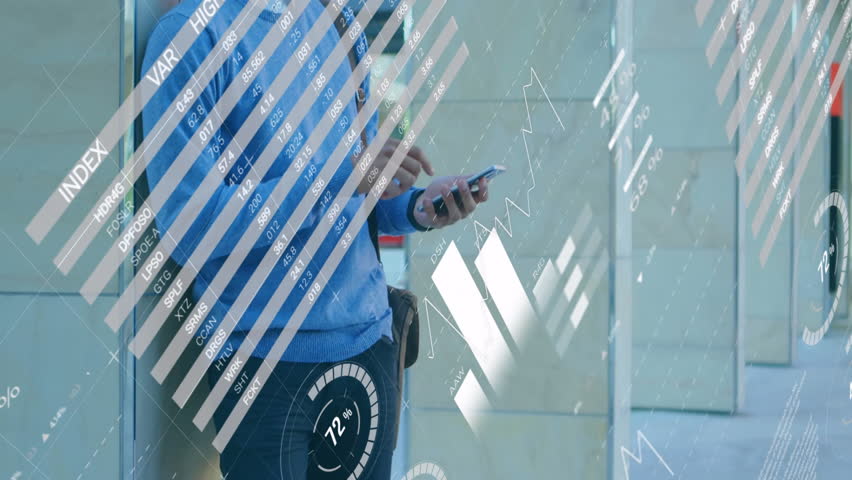 Man leaning on column scrolling smartphone and viewing sliding business charts over global map. Technology, data visualization, digital interface, analytics, innovation, architectural design, modern - Powered by Shutterstock - Get 15% off with code: PIKWIZARD15