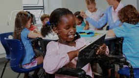 Student tapping tablet activating equations, teacher guiding group writing in education. Classroom, collaboration, early education, inclusive learning, learning tools, digital interaction, student - Powered by Shutterstock - Get 15% off with code: PIKWIZARD15