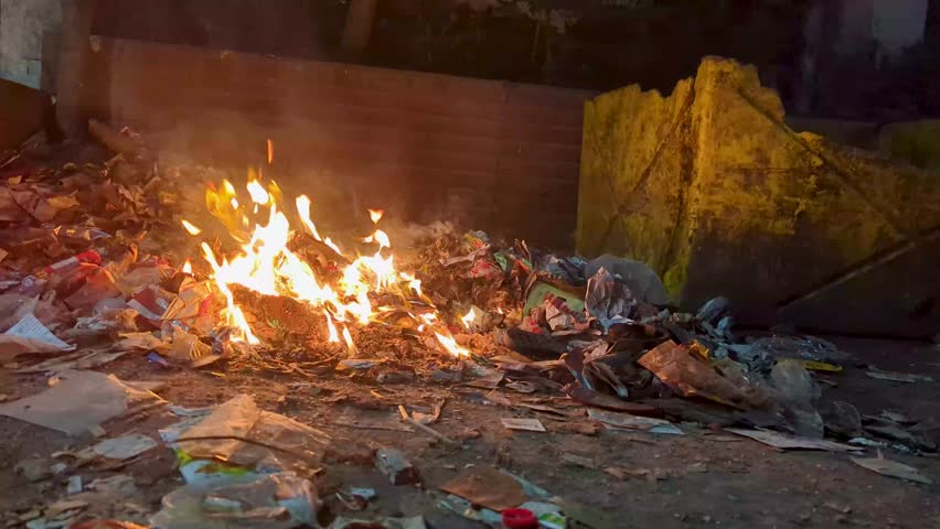 Flames dance among debris as garbage ignites in urban area at night demonstrating fire hazards, Garbage ignites in an urban environment at night