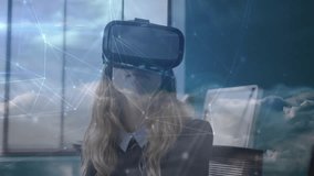Woman wearing VR headset initiating digital network overlay in technology office and selecting data. Futuristic, immersive, interactive, technology, innovation, digital, virtual - Powered by Shutterstock - Get 15% off with code: PIKWIZARD15