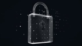 Upon 3D padlock appearing, scan line sweeping across lock causing flickering code for securing data. Cybersecurity, data protection, encryption, technology, digital security, futuristic, abstract - Powered by Shutterstock - Get 15% off with code: PIKWIZARD15