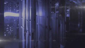 Code lines materializing over server rack and skyline, representing night data processing in motion. Technology, cybersecurity, data visualization, digital environment, futuristic, abstract, - Powered by Shutterstock - Get 15% off with code: PIKWIZARD15