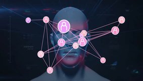 Initial pink node appearing on rotating 3D wireframe head mapping user network connections. Digital, futuristic, technology, visualization, biometric, connectivity, innovation - Powered by Shutterstock - Get 15% off with code: PIKWIZARD15