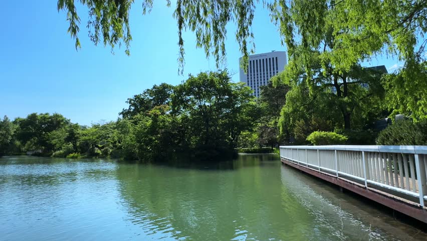 Tranquil scene at Sapporo Nakajima Park with clear water, bridge, and lush greenery