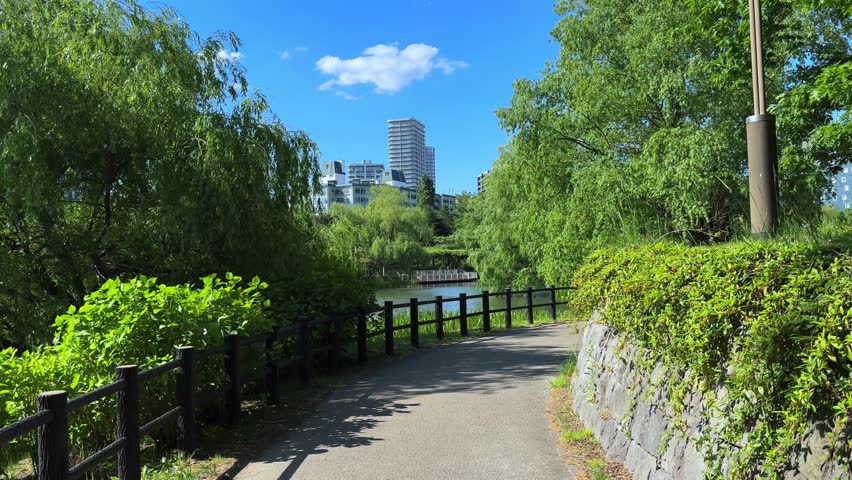 Peaceful pathway by the water in Sapporo