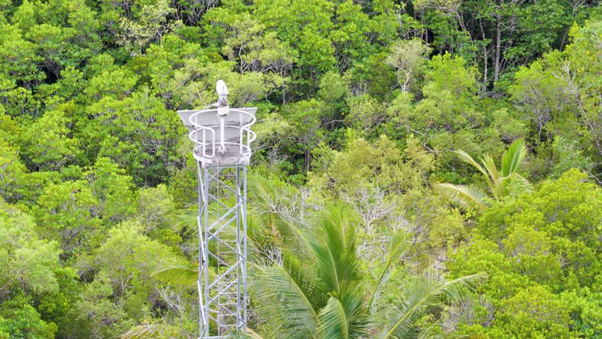A stationary camera captures a radar tower amidst dense, vibrant rainforest foliage in Port Douglas, Australia