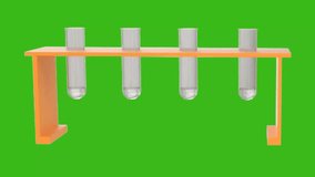 A realistic 3D test tube rack holding four filled test tubes, isolated on a green screen, perfect for science, chemistry, or lab themes - Powered by Shutterstock - Get 15% off with code: PIKWIZARD15