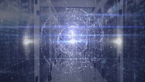 Slowly tracking server aisle, code streams emerging as hologram sphere pulsating to visualize data. Technology, data, cybersecurity, futuristic, digital, network, innovation - Powered by Shutterstock - Get 15% off with code: PIKWIZARD15