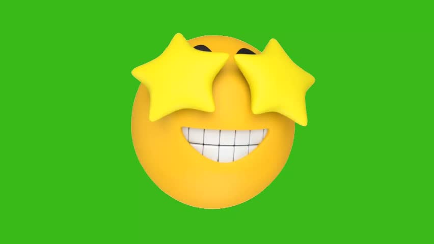 A bright yellow 3D emoji with star-shaped eyes and a wide grin, isolated on a vibrant green screen, conveying awe or celebrity