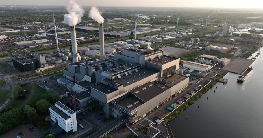 waste to new energy, industrial waste incineration plant in the port of Amsterdam, The Netherlands. Aerial view.