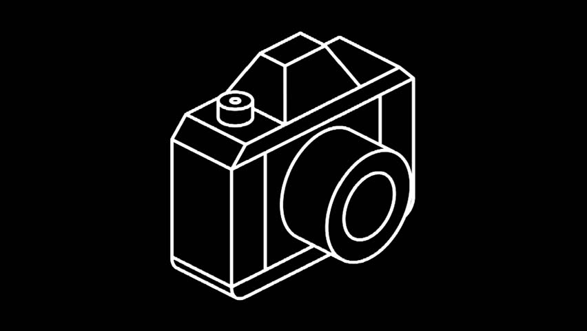 A hand-drawn style outline of a classic camera on a black background, perfect for photography, media, or creative content
