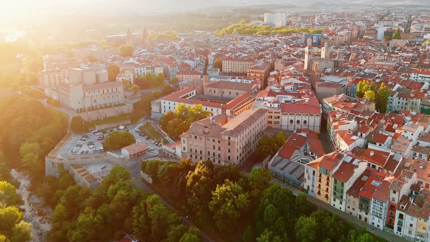 Aerial view of Pamplona at sunrise, the capital of Navarre in northern Spain. Stunning cityscape of the historic old town on a summer morning.