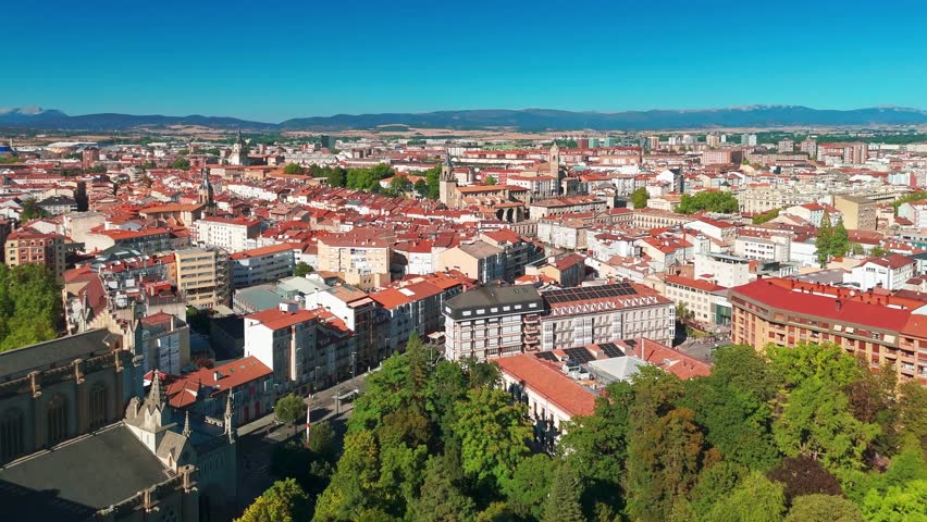Aerial view of the Cathedral Maria Inmaculada in Vitoria-Gasteiz, Basque Country, Spain. Beautiful New Cathedral building and Vitoria cityscape captured on a sunny summer day