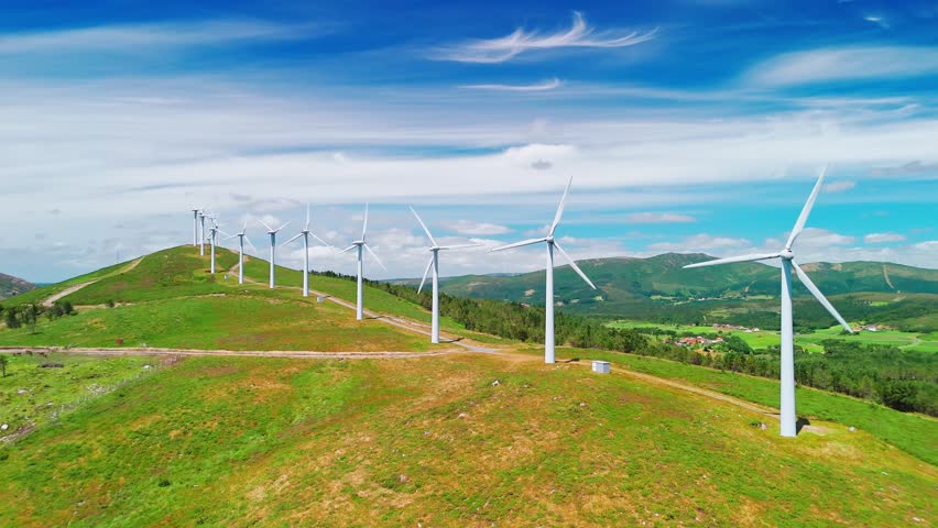 Aerial view of large white wind turbines with spinning blades on top of a mountain. Wind power generating self-sufficient, eco-friendly electricity on a beautiful sunny summer day.