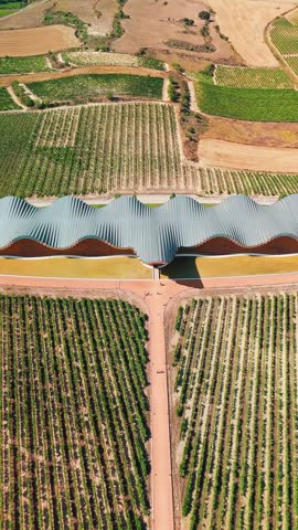 Aerial view of the famous Bodegas Ysios near Laguardia, Basque country, Spain. Ysios winery in Alava, Basque Country. View of the futuristic modern winery Ysios in La Guardia, Spain