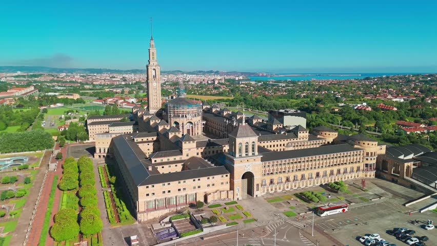Aerial view of La Laboral City of Culture in Gijon, Asturias, northern Spain. The monumental former Technical College, built in 1948, now serves as a modern cultural center in Asturias.