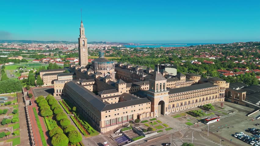 Aerial view of La Laboral City of Culture in Gijon, Asturias, northern Spain. The monumental former Technical College, built in 1948, now serves as a modern cultural center in Asturias.