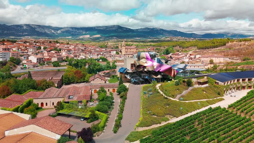 Aerial view of the Bodegas Marques de Riscal winery in Elciego medieval town, Basque Country, Spain A winery famous for producing top-notch wines and the futuristic architecture of a hotel 