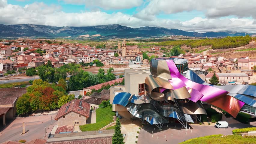 Aerial view of the Bodegas Marques de Riscal winery in Elciego medieval town, Basque Country, Spain A winery famous for producing top-notch wines and the futuristic architecture of a hotel 