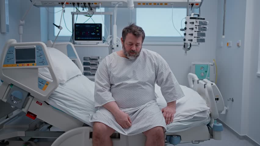 Patient in a hospital gown sitting on hospital bed, waiting for surgery.