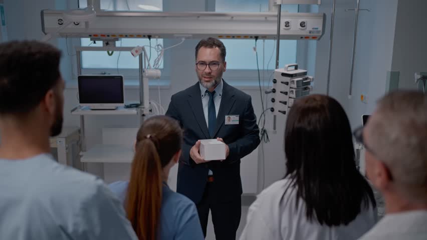 Pharmaceutical sales respresentative showing medical staff new medications. Group presentation in hospital setting.