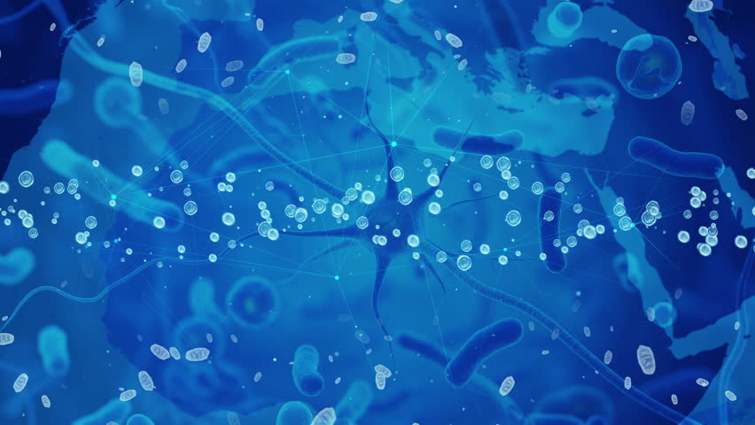 Microscopic View: Bacteria and Neurons in a Dynamic Blue Ecosystem