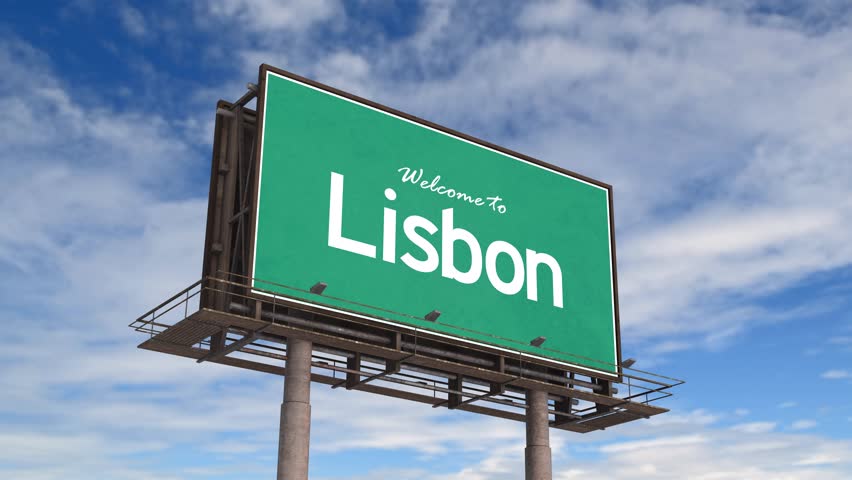 Welcome To Lisbon Road Sign. Airplane Landing Lisbon Portugal.