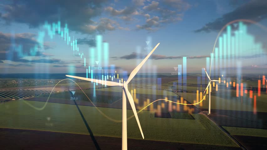 Increase in electricity prices on the world market. Green energy in full development.Investment finance chart,stock market business and exchange financial growth graph.	
