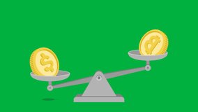 animated gold dollar coin and gold bitcoin are on weighing scale. animation footage video isolated on green background with alpha channel(transparent). - Powered by Shutterstock - Get 15% off with code: PIKWIZARD15