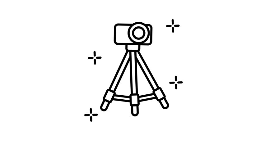 line art animation of camera tripod with a small camera ideal for photography enthusiasts, equipment reviews, tech blogs, and creative design projects.
