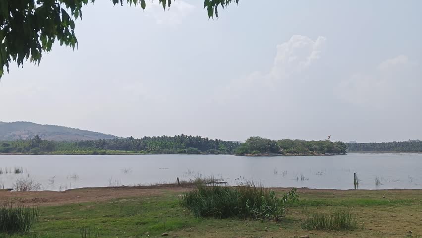 A wide view of a large lake surrounded by agricultural lands under a clear sky in rural Karnataka