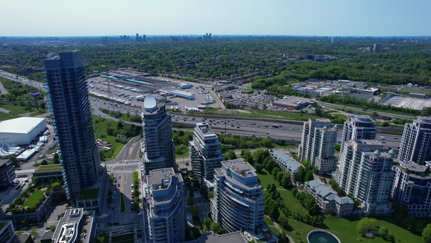 Aerial view of waterscapes condos at Marine Parade Drive near Humber Bay Park and close to the Ontario lakefront in Etobicoke. Mimico scenic waterfront parks for leisure and fishing. Toronto West.