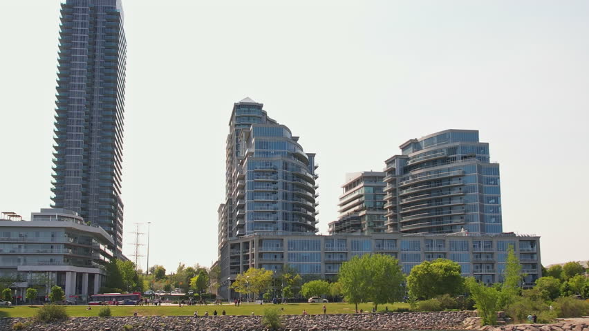 Aerial view of Marine Parade Drive and Lake Shore Boulevard West in Etobicoke near Toronto West downtown, Ontario. Mimico neighbourhood. Lake Ontario waterfront and residential housing developments.