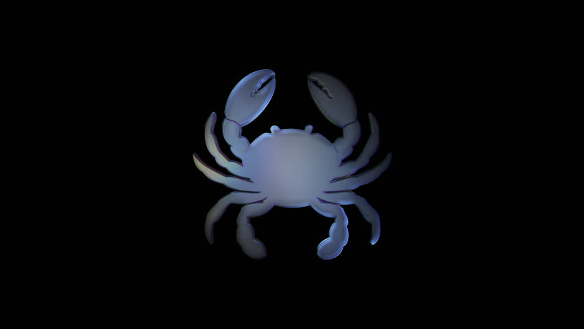 Minimalist 3D icon of a crab with rounded shape and luminous glossy finish on black background. Perfect for ocean visuals, seafood themes, or astrology.