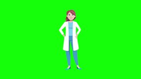 2d motion graphic female doctor character with a confident pose, wearing a white coat and blue scrubs and speaking, set against a vibrant green screen background for medical or healthcare projects - Powered by Shutterstock - Get 15% off with code: PIKWIZARD15