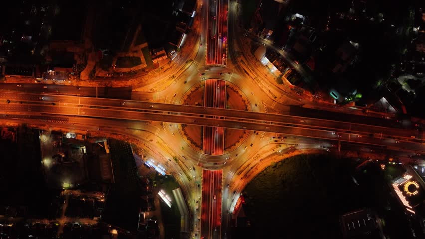 Aerial Overhead View of Famous Interchange in United States, Traffic in Interstate 110 and 10 Highway Full of Cars and Trucks Rush hour. Transportation.